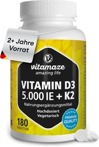 Vitamina D3 5000 UI + K2 MK7 All-Trans, 180 compresse, 2 + anni di scorta, Made in German - Foto 1 di 12