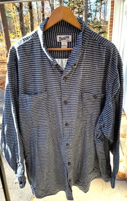Duluth Trading Co 男式 4XL 4XXXL 宽鬆蓝色白色条纹纽扣衬衫 — 第 1/4 张图片