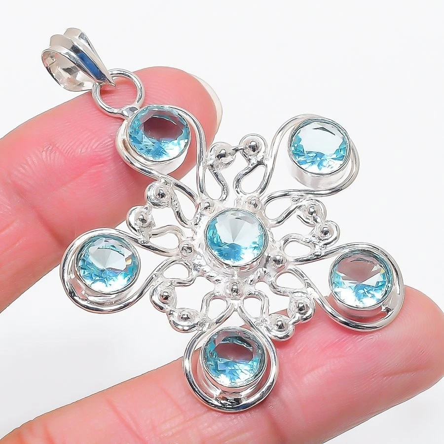 Colgante Joyería Plata de Ley 925 Hecho a Mano Piedras Preciosas Aguamarina Tamaño 2.3" Foto 1 de 1