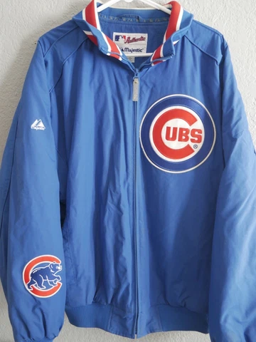 Majestic Chicago Cubs Mens Large Puffer Jacket Full Zip Big Stiched Logo Blue Cover