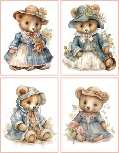 8 Teddy Bears Shabby Chic fancy dressed Vintage glossy blank fold out note card - Picture 1 of 4