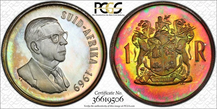 1969 South Africa 1 Rand Afrikaans Silver PCGS PR66CAM Beautifully Toned 9506 - Image 1 of 1