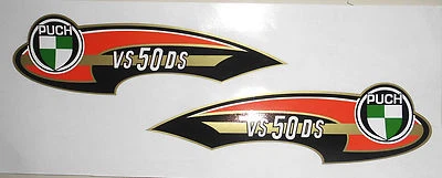 Puch Vs 50 DS Serbatoio Detrazione Adesivo Set SX + Destra Con Originale Emblema - Immagine 1 di 4