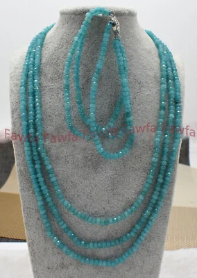 Nuevo 3 filas 2x4mm azul aguamarina piedras preciosas ábaco cuentas collar pulsera conjunto AAA Foto 1 de 4