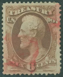 Scott #O75 6¢ TREASURY DEPARTMENT OFFICIAL, VF/XF, Red / Pink Cork Fancy Cancel! - Picture 1 of 3