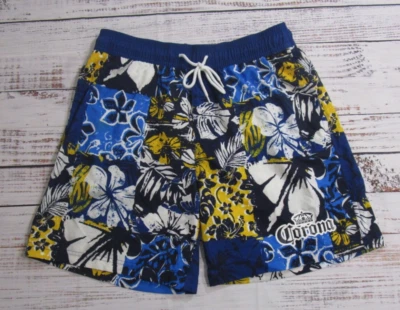 Corona Beer Blue Floral Hawaiian Mesh Lined Logo Swim Trunks Shorts Mens Med - Image 1 of 4