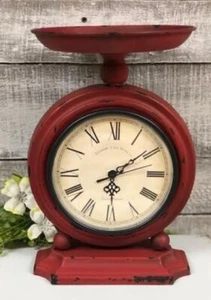 NEW PRIMITIVE SCALE CLOCK Kitchen Country Chippy AGED RED Metal Cottage 12"Tx8"W - Picture 1 of 2