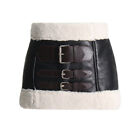 Womens Patchwork Sexy Mixed Colors Faux Fur PU Leather Buckle Strap Short Skirt