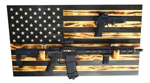 Wooden Rustic American Flag with Gun Rack for Two Guns Handmade 36” x 19.5” USA - Picture 1 of 10