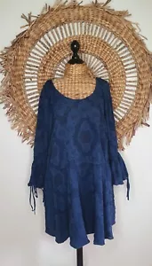 Scanlan Theodore Cotton Blend Off Shoulder Navy Textured Drawstring Dress Sz M - Picture 1 of 12