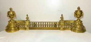 pair of antique Victorian gilded bronze figural andirons chenets fender grate