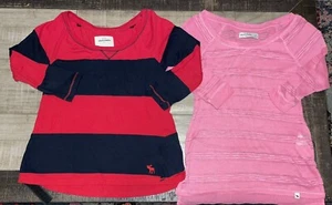 Abercrombie Kids Girls Striped Navy Red Top And Pink Lace  Top Lot X 2 Medium - Picture 1 of 3