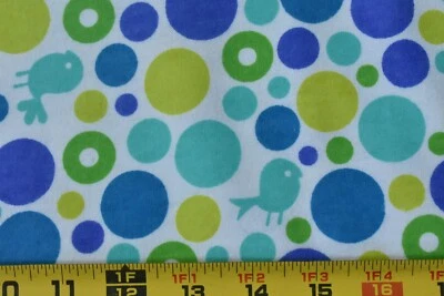 By 1/2 Yd, Blue Turquoise & Lime Birds & Bubbles on White Flannel, Springs,P7812 - Image 1 of 4