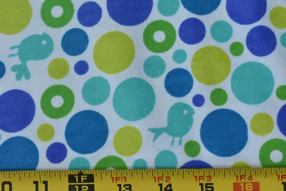 By 1/2 Yd, Blue Turquoise & Lime Birds & Bubbles on White Flannel, Springs,P7812 - Image 1 of 4