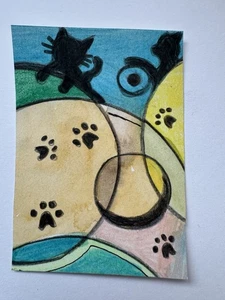 Tarjeta coleccionable de arte original Aceo, círculos abstractos, con gatos, arte de Sommer Rayn - Imagen 1 de 3
