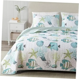 Full / Queen Coastal Quilt Bedding Set, Summer Coastal Quilt with Shams, Beach - Picture 1 of 7
