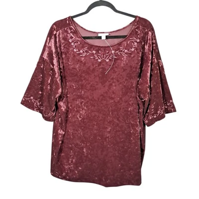 Top Jill Bordado Terciopelo Triturado Manga Corta Grande Vino Bohemio Floral Foto 1 de 4
