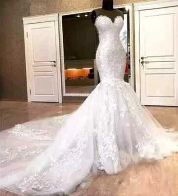 FashionTulle Mermaid Wedding Dresses Applique Long  Lace Sweetheart Bridal Gowns - Image 1 of 4