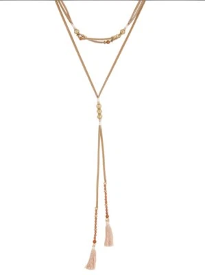  $39 LUCKY BRAND Gargantilla con cuentas en tono dorado y collar de cuero con borla rosa uk1 Foto 1 de 4