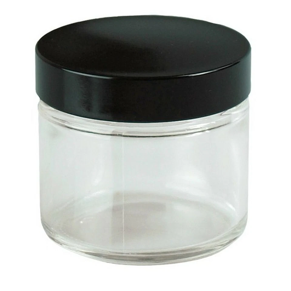 2 OZ STRAIGHT SIDED GLASS JAR, BOROSILICATE GLASS WITH BLACK SMOOTH CAPS - Image 1 of 1