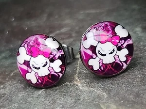 Pink Skull Crossbones Earrings Studs Tattoo Goth Girl Emo Metal Rock Jewellery - Picture 1 of 6