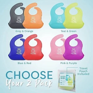 2 Pack Baby Silicone Bibs with Food Catcher - (Orange/Grey) - Picture 1 of 5