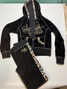 Southpole Set Y2K Leopard Trim Black Full Zip Embroidered Sweats Girls Kids M - Picture 1 of 14