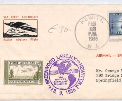 US ROCKET AIRPLANE FIRST FLIGHT Air Mail 1936 Cover *Hewitt*NJ Springfield YW281 - Image 1 of 4