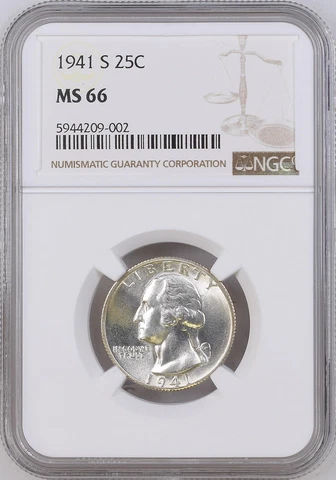 1941-S 25C WASHINGTON QUARTER SPOTLESS NEAR SUPERB NGC MS66 RARE R3 HIGH GRADES Cover