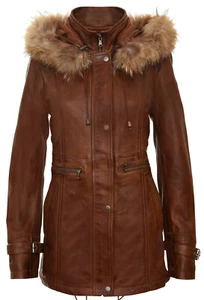 Women's Tan Leather Jacket Detachable Hooded Parker Trench Coat - Picture 1 of 5