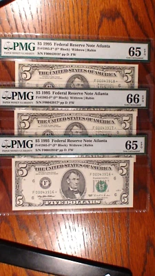 THREE CONSECUTIVE 1995 PMG GEM 65 & 66 EPQ FIVE DOLLAR ATLANTA NOTES $5.00 BILLS - Image 1 of 4