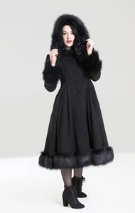 Hell Bunny Elvira Dramatic Statement Long Hooded Vintage Fur Collar Winter Coat - Picture 1 of 17