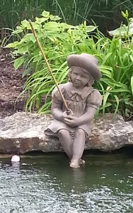 Fishing Girl Cast Stone Statue-sculpture-pond/garden statuary/Classic Iron Stain - Picture 1 of 5