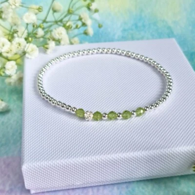 925 Sterling Silver stacking Bracelet PERIDOT  gemstone August Birthstone - Image 1 of 4