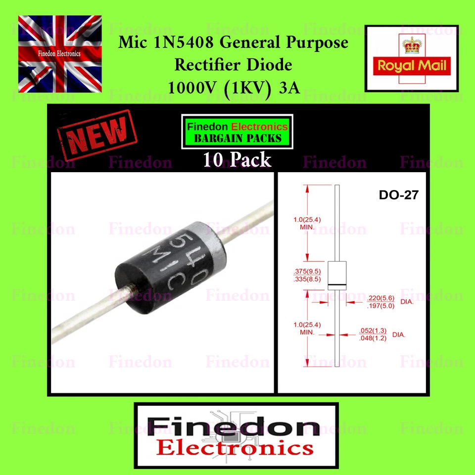 MIC 10 x 1N5408 3A 1000V IN5408 3AMP 1000V Rectifier Diode DO-27