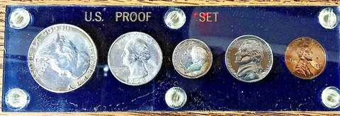 1958 Silver Proof Set of 5 Coins in Blue Capital Plastic Holder Cover
