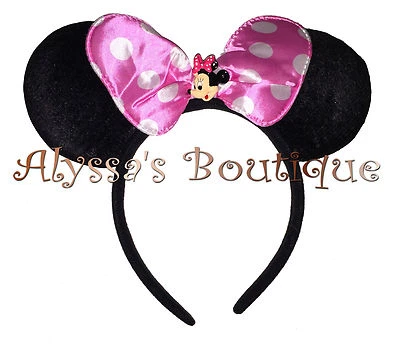 Minnie Mouse Ears Headband Black Pink Polka Dot Bows Custom Pendant Party Mickey - Image 1 of 2