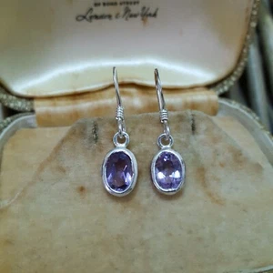 Vintage 925 Sterling Silver Earrings, Natural Moroccan Amethyst Dangle - Picture 1 of 6