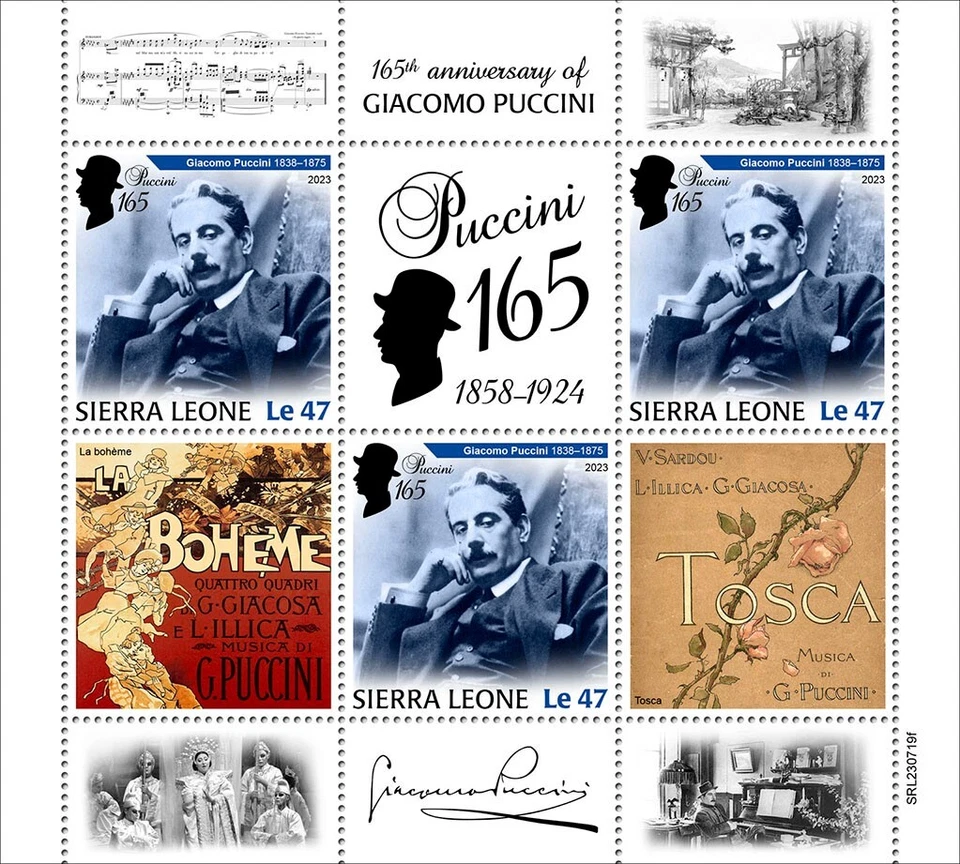 Sellos del compositor Giacomo Puccini 165 aniversario MNH 2023 Sierra Leona M/S Foto 1 de 1