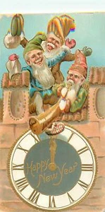 HAPPY NEW YEAR - 3 ELVES CELEBRATE - EMBOSSED 1909 OLD POSTCARD - Picture 1 of 2