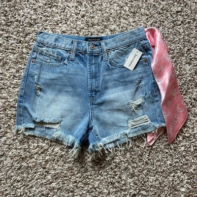 Juicy Couture High Rise Short Women's 26 Medium Wash Denim Distressed Frayed Hem - Image 1 of 4