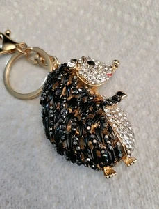Hedgehog Bag Charm/ Key Chain Rhinestone Black Gold Clear 4.5" Length 2" Wide - Picture 1 of 3