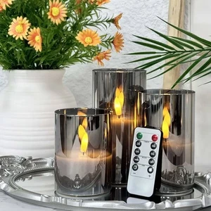 3 Pack LED Candles Set With Remote Control Timer Flameless Flickering Glass Wax - Picture 1 of 6