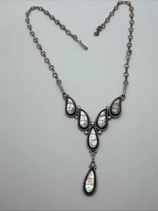 Vintage Signed WJS Zuni Sterling Silver Mother Of Pearl Inlay Necklace - Picture 1 of 11