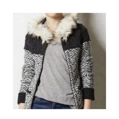Сон на снегу свитер пальто XS кремовый черный полный молнии с капюшоном меха вязаный - Изображение 1 из 4