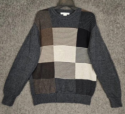 Suéter Vintage Hombre Grande Gris Bloque de Color Cuadros Rayas Geométrico Pullover Años 90 Foto 1 de 4
