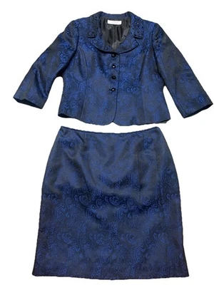 TAHARI BY ASL. TRAJE FALDA AZUL REAL DE LUJO CUENTAS NEGRAS EN CHAQUETA-TALLA 14-¡NUEVO SIN ETIQUETAS! Foto 1 de 4