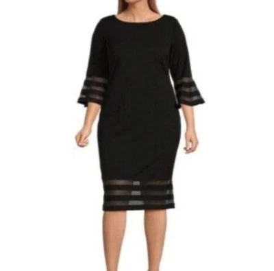 CALVIN KLEIN Bell Sleeve Mesh Trim Midi Sheath Dress Size 20W Cocktail Black - Image 1 of 4