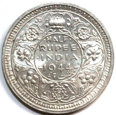 Moneda extranjera de plata de 1/2 rupia de la India británica 1944 sin circular #0164 Foto 1 de 2