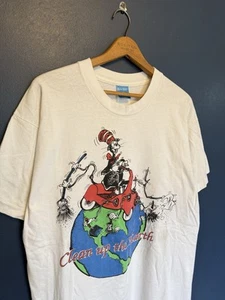 Vintage 90’s Cat In The Hat Clean Up The Earth White Tee Shirt Size Large - Picture 1 of 4